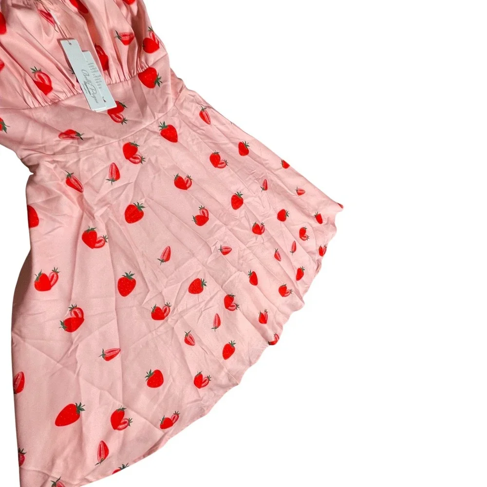 Bella Poque Pink Strawberry Print Fit and‎ Flare Dress Sleeveless - Picture 4 of 12